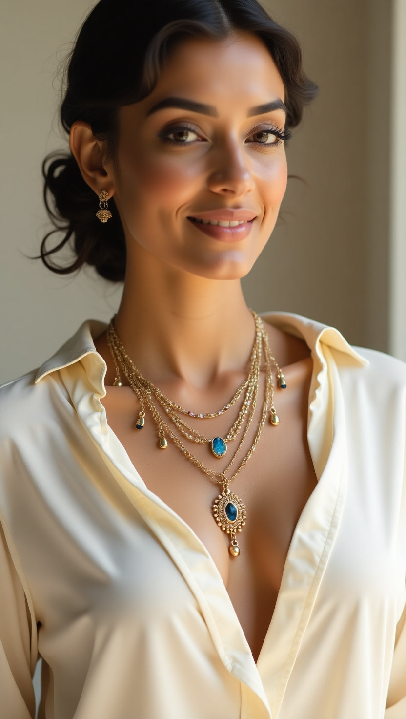 Muscari Blue Bloom 4-Layer Medium Necklace – Golden Grace with Sapphire Charm