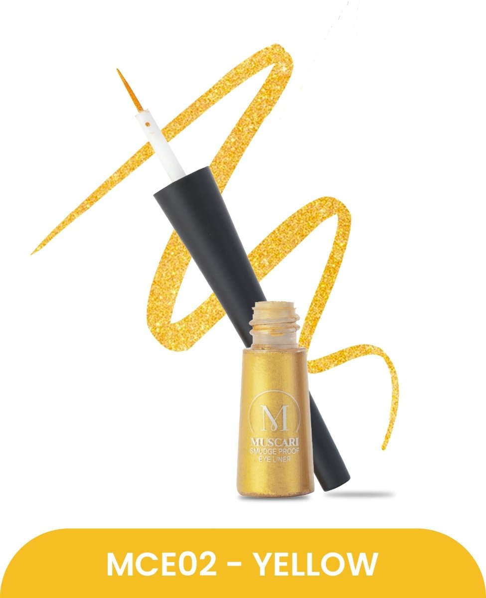 Elevate your eye makeup with 'Sunny Daze' Liquid Eyeliner by Muscari, featuring a vibrant sunny yellow shade that exudes the radiance of a cheerful day.
