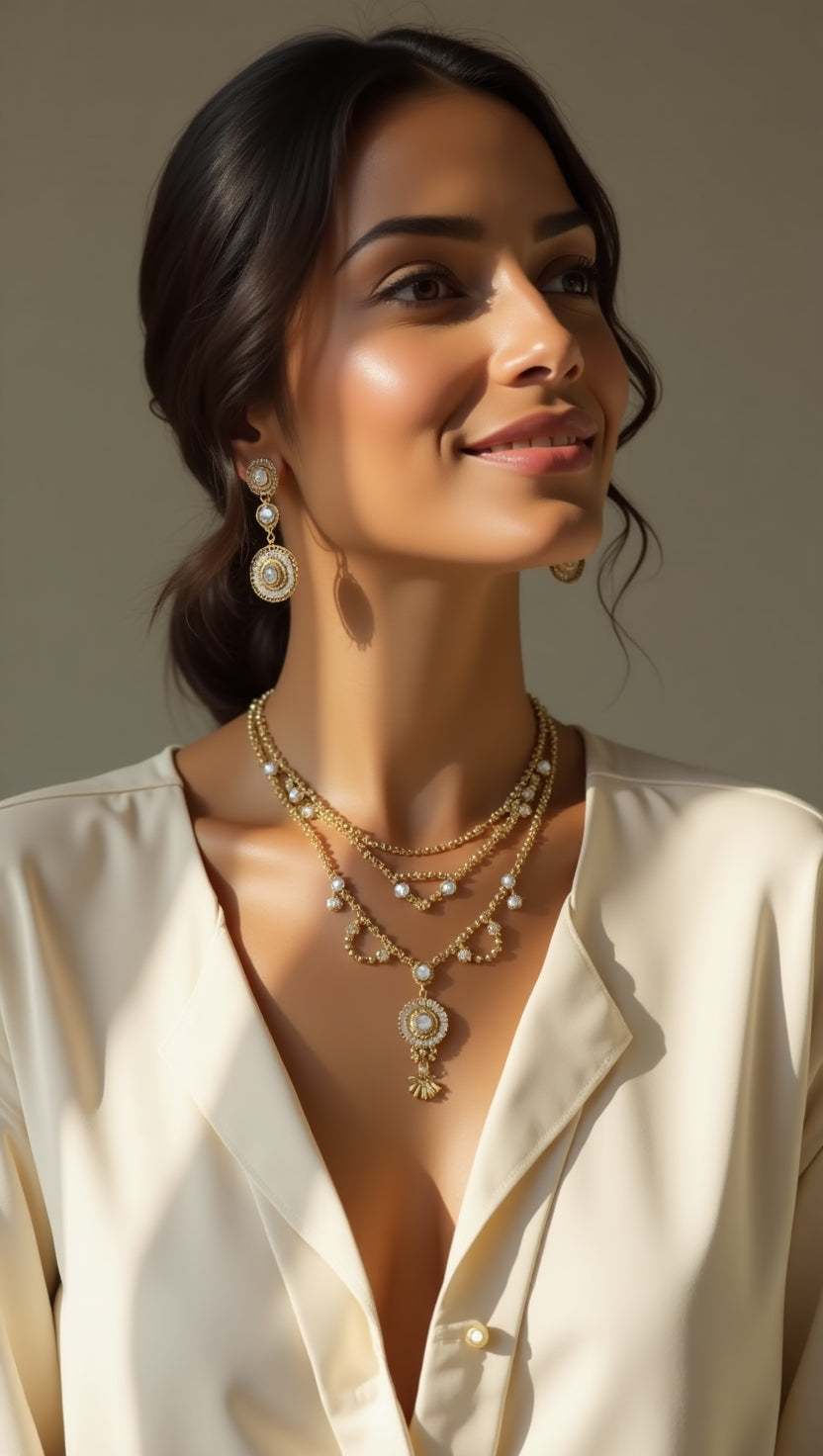 Muscari Dual Aura 3-Layer Short Necklace – Gold & Silver Fusion