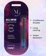 Specifications of 'Sapphire Sky' Liquid Eyeliner: Sapphire blue hue, fine brush applicator, smudge-proof, and enduring celestial allure.